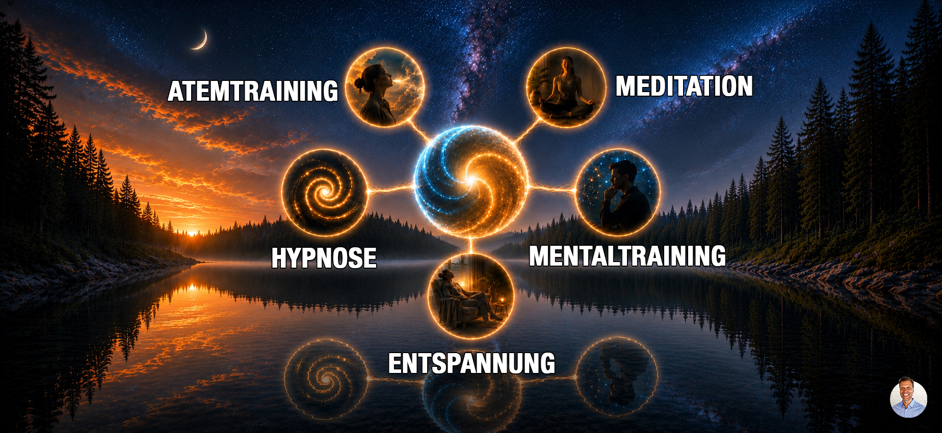 Leuchtende Mind-Body-Connection im Zentrum mit fünf verbundenen Lichtknoten ringsum – Platz zur Beschriftung von Breathwork, Meditation, Hypnose, Mentaltraining und Entspannung